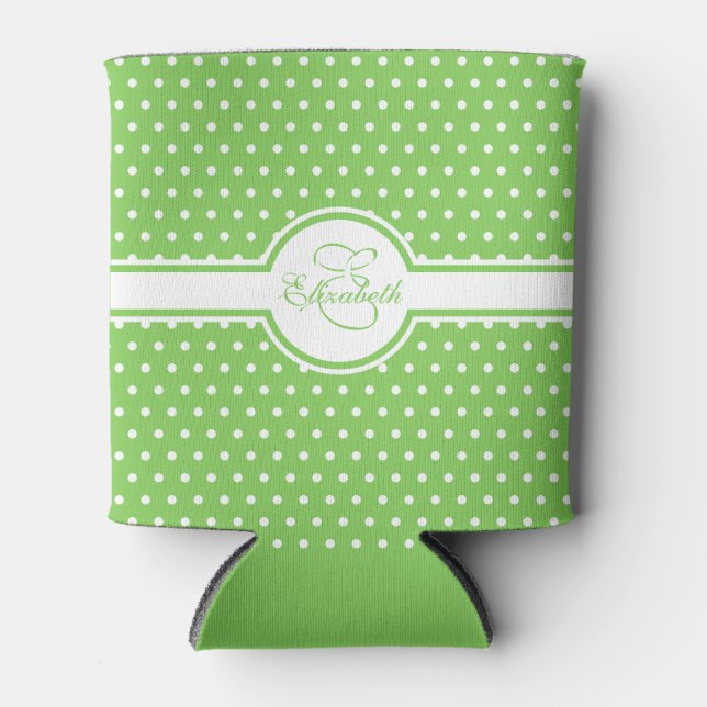 Elegant White Polka Dots on Green Monogram Can Cooler (Front)