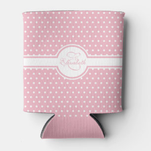 Elegant White Polka Dots on Pink Monogram Can Cooler