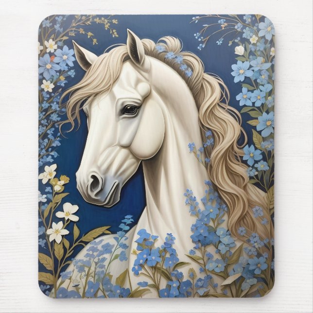 Elegant White Pony And Forget-Me-Nots Mouse Pad (Front)