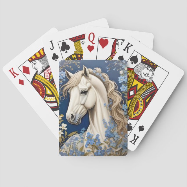 Elegant White Pony And Forget-Me-Nots Playing Cards (Back)