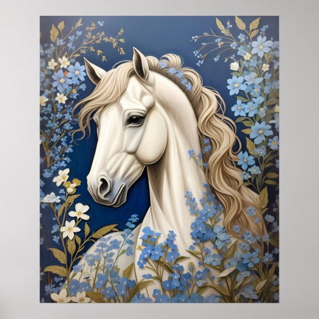 Elegant White Pony And Forget-Me-Nots Poster (Front)