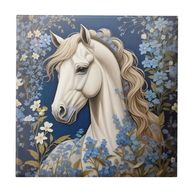 Elegant White Pony And Forget-Me-Nots Tile (Front)