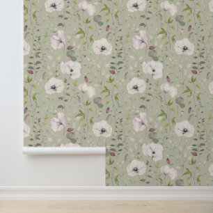Elegant White Poppies Floral Pattern Mist Green Wallpaper