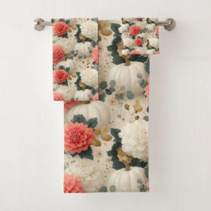 Elegant White Pumpkin and Dahlia Fall Design Bath Towel Set