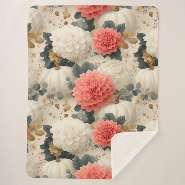 Elegant White Pumpkin and Dahlia Fall Design Sherpa Blanket (Front)