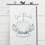 Elegant White Pumpkin Thanksgiving Kitchen Towel<br><div class="desc">This stylish Thanksgiving kitchen towel is decorated with a watercolor white pumpkin and eucalyptus in soft shades of green.
It says "Give Thanks" in stylish script typography.
Easily customizable.
Makes a great hostess gift.
Original Watercolor © Michele Davies.</div>