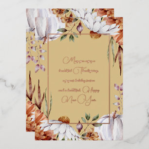 Elegant White Pumpkins & Flowers Rose Gold Script Foil Holiday Card