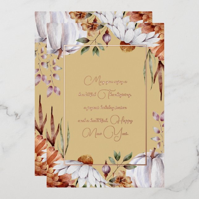 Elegant White Pumpkins & Flowers Rose Gold Script Foil Holiday Card (Front/Back)