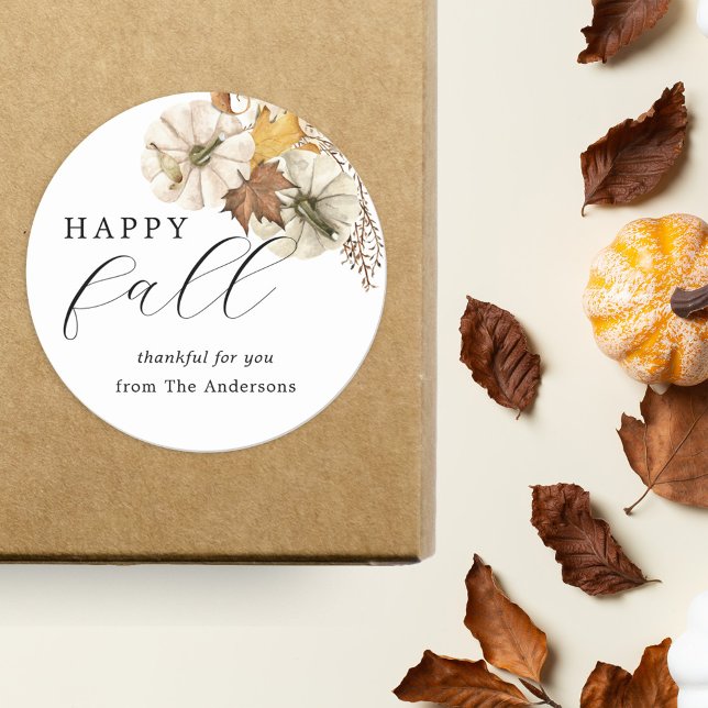 Elegant White Pumpkins Happy Fall Thanksgiving Classic Round Sticker (Creator Uploaded)