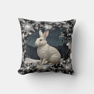 Elegant white rabbit Christmas snowflakes Throw Pillow