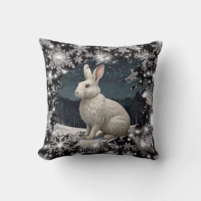 Elegant white rabbit Christmas snowflakes Throw Pillow (Front)
