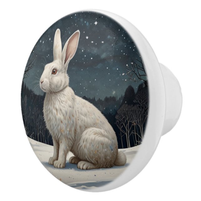 Elegant white rabbit Christmas snowy woodland  Ceramic Knob (Right)