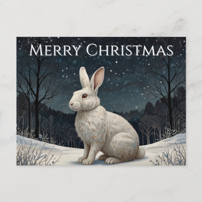Elegant white rabbit Christmas snowy woodland  Holiday Postcard (Front)