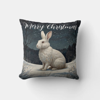 Elegant white rabbit Christmas snowy woodland  Throw Pillow