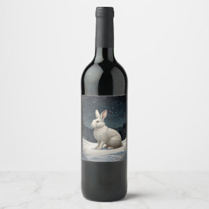 Elegant white rabbit Christmas snowy woodland Wine Label