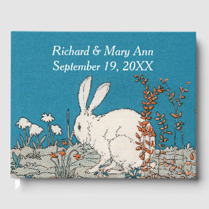 Elegant White Rabbit Flowers Pretty Blue Guest Book