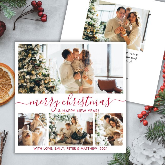 Elegant White Red 4 Photo Collage Christmas Holida Holiday Card (Creator Uploaded)