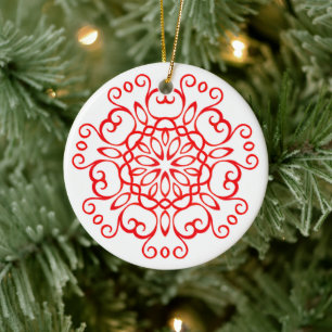 Elegant White & Red Decorative Mandala Cute Xmas Ceramic Ornament