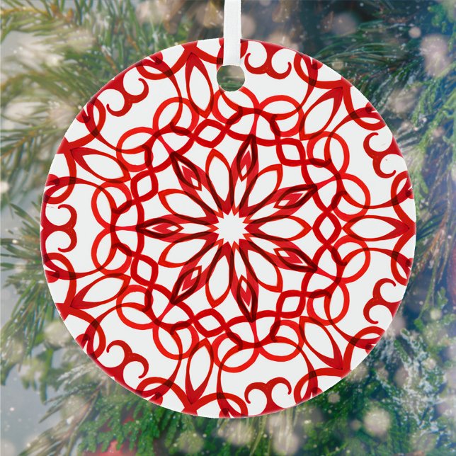 Elegant White & Red Decorative Mandala Cute Xmas Metal Ornament (Creator Uploaded)