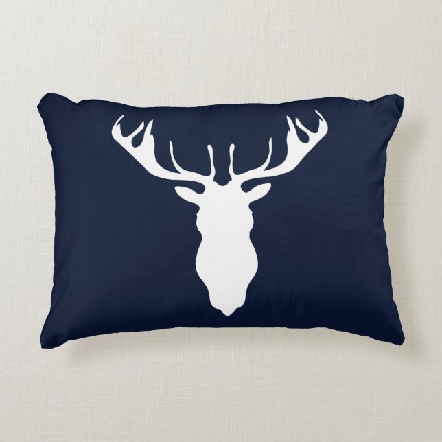 Elegant White Reindeer Silhouette on Navy Blue Accent Pillow (Front)