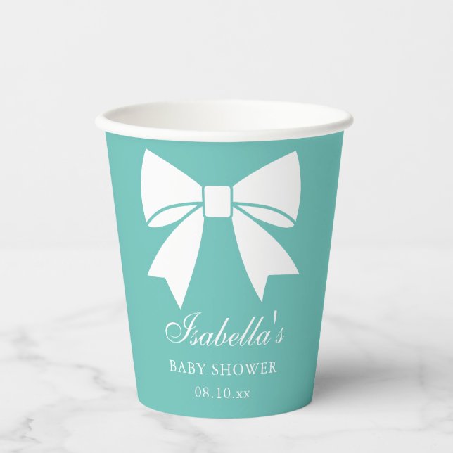 Elegant White Ribbon Bow Teal Blue Baby Shower Paper Cups (Front)