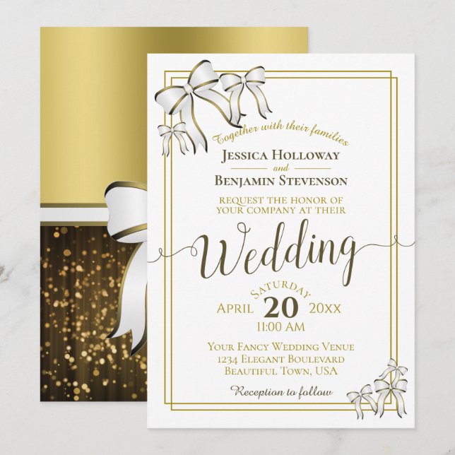 Elegant White Ribbons Gold Wedding Invitation (Front/Back)