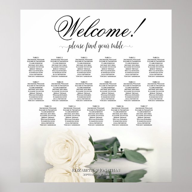 Elegant White Rose 17 Table Wedding Seating Chart (Front)