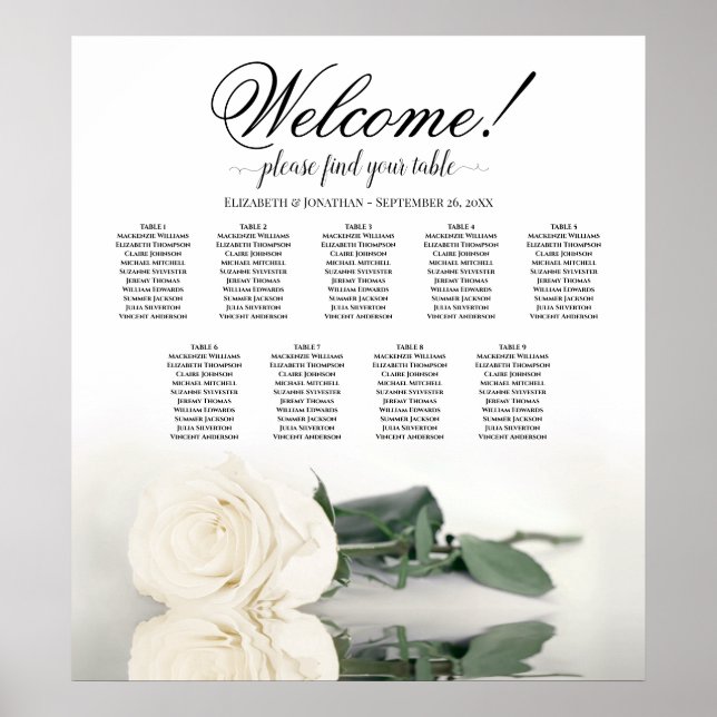 Élégant White Rose 9 Table Mariage Tableau de sièg (Devant)