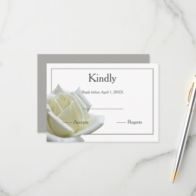Elegant white rose and silver RSVP (Front/Back In Situ)