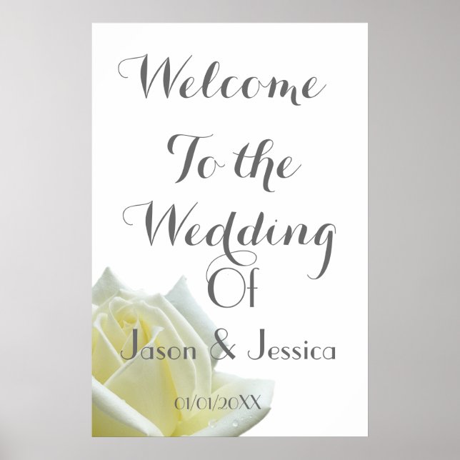 Elegant white rose and silver wedding welcome poster (Front)