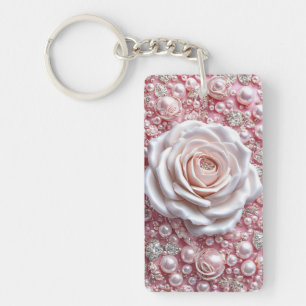 Elegant White Rose and Sparkling Pink Pearls Keychain