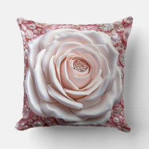 Elegant White Rose and Sparkling Pink Pearls Throw Pillow