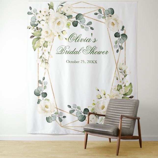Elegant White Rose Bridal Shower Photo Backdrop Tapestry (In Situ)