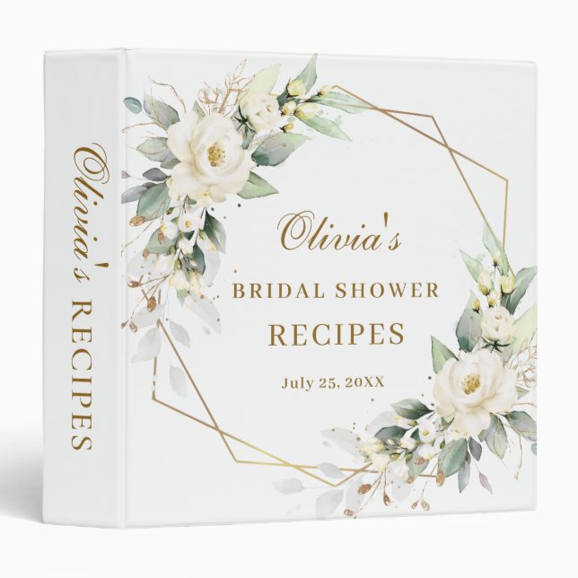 Elegant White Rose Eucalyptus Bridal Shower Recipe Binder (Front/Spine)