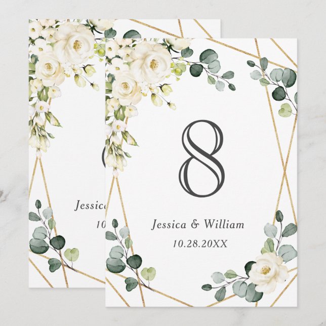 Elegant White Rose Eucalyptus Wedding Table Number (Front/Back)