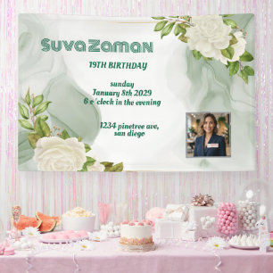 Elegant White Rose Floral 19th Birthday Banner