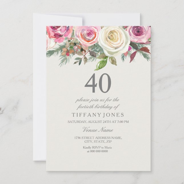 Elegant White Rose Floral 40th Birthday Invite (Front)