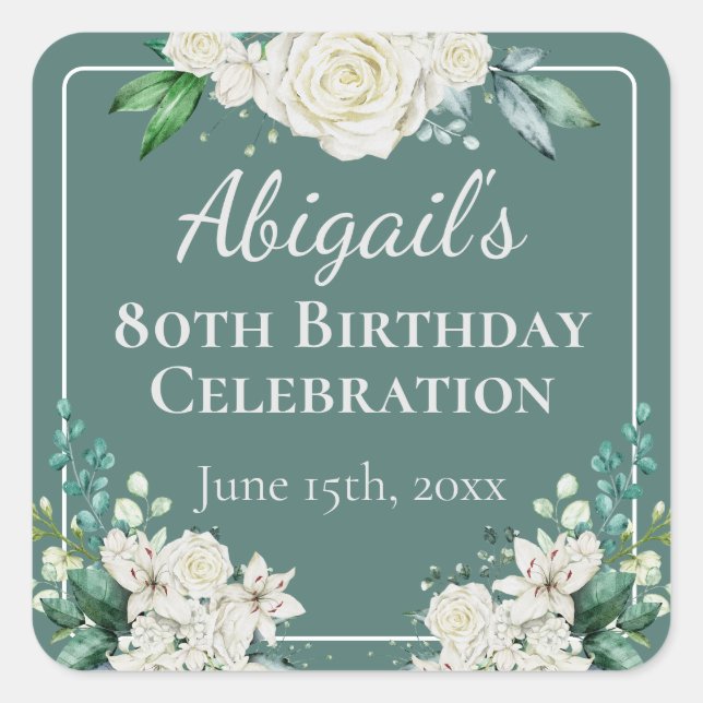 Elegant White Rose Floral 80th Birthday Any Age Square Sticker (Front)