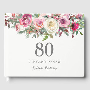 Elegant White Rose Floral 80th Birthday Guest Book