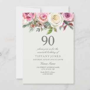 Elegant White Rose Floral 90th Birthday Invite