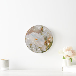 Elegant White Rose Flowers Botanical Nature Photo Round Clock