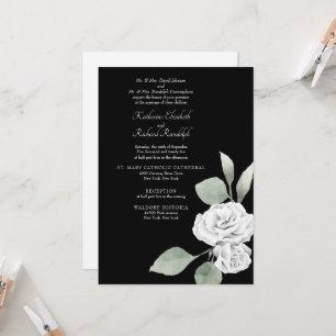 Elegant White Rose Foliage Black Wedding Invitation