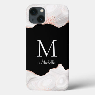 Elegant White Rose Gold Agate Monogram iPhone 13 Case