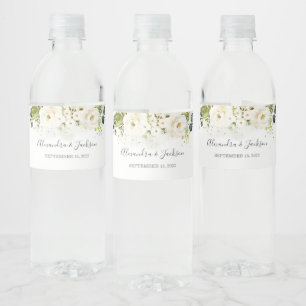Elegant White Rose & Gold Cursive Wedding Water Bottle Label