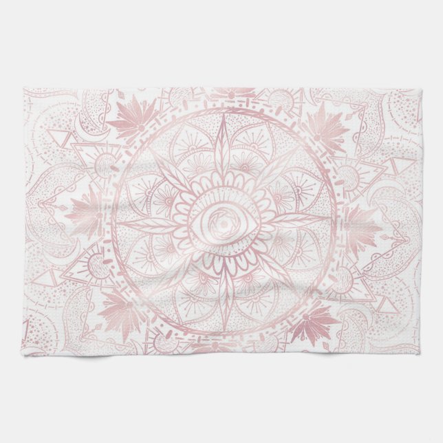 Elegant White Rose Gold Eye Sun Moon Mandala Kitchen Towel (Horizontal)