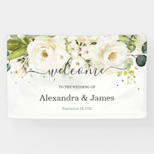 Elegant White Rose & Gold Floral Modern Wedding Banner