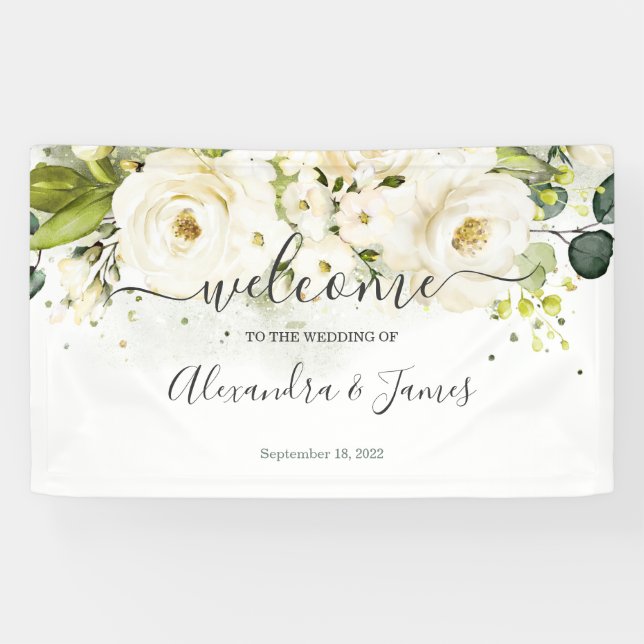 Elegant White Rose & Gold Floral Wedding Banner (Horizontal)