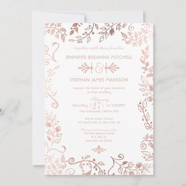 Elegant White Rose Gold Floral Wedding Invites (Front)