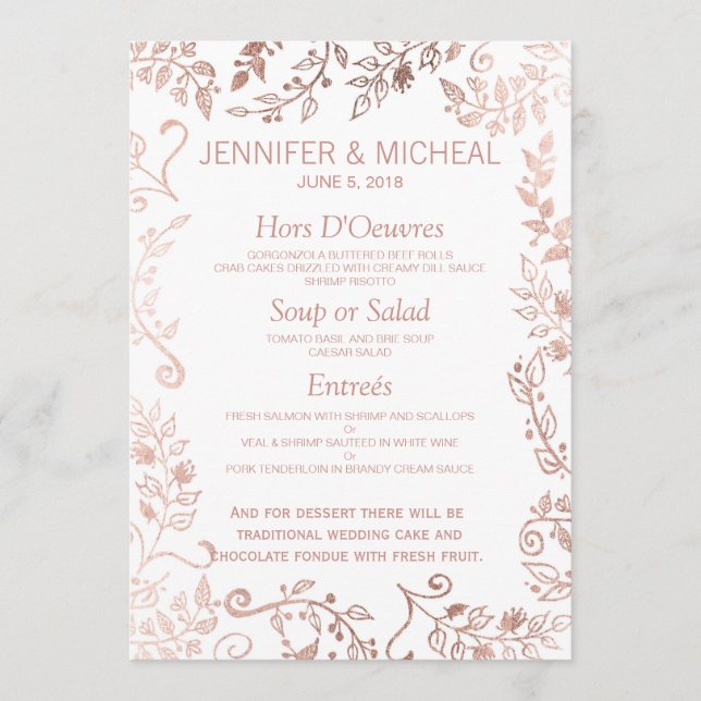 Elegant White Rose Gold Floral Wedding Menu (Front)