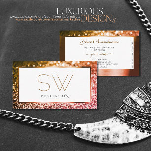 Elegant White Rose Gold Golden Glitter Monogram Business Card